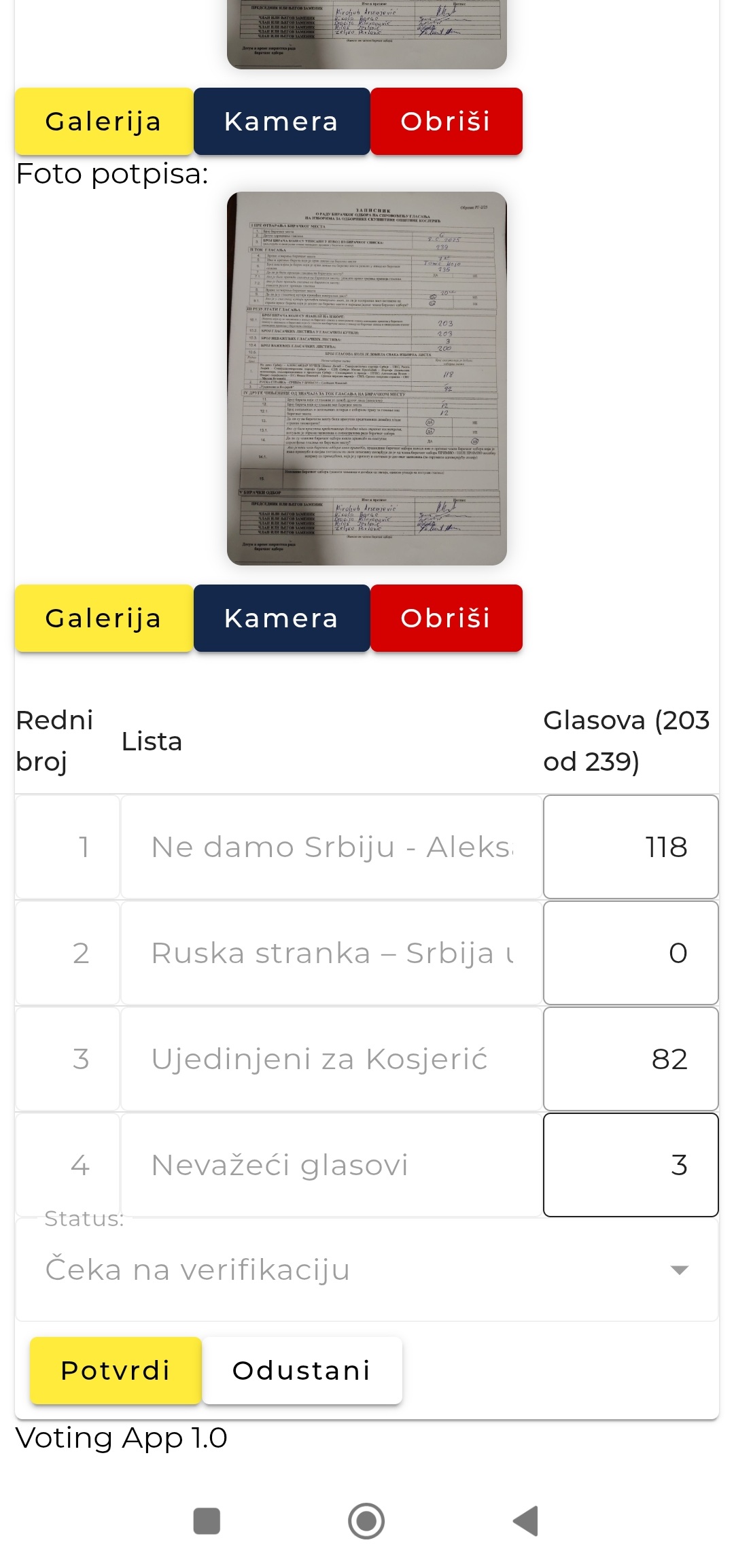 Unos glasova i zapisnika
